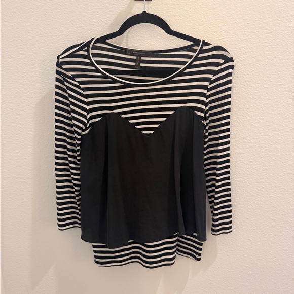 BCBGMaxAzria Tops - BCBGMaxAzria Black and White Striped Peplum Long Sleeve Top